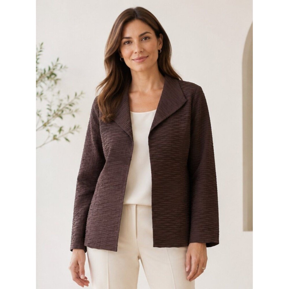 Carole Little Chocolate Brown Silk Jacket Size 10 Textured Open Front Blazer